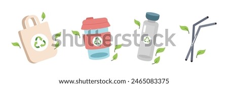 Set of eco friendly tableware items glass jar with cover, reusable coffee cup, metal drinking straws, cotton bag. Zero waste concept. Vector illustration in cartoon style