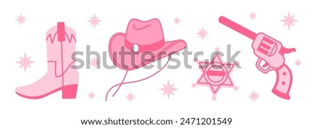 Sheriff Pink core fashion elements set. Cowboy western and wild west theme set. Hand drawn vector illustration.