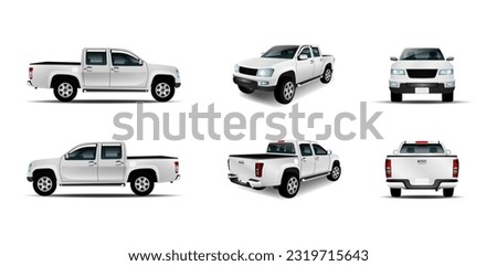 Set of car pickup, truck mockup realistic white isolated on the background. Ready to apply to your design. Vector illustration.
