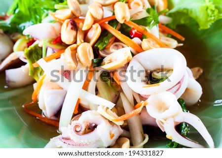 steam squid eggs salad with spicy lemon juice soup, samui thailand
