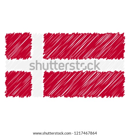 Hand Drawn National Flag Of Denmark Isolated On A White Background. Vector Sketch Style Illustration. Unique Pattern Design For Brochures, Printed Materials, Logos, Independence Day
