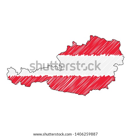 Austria map hand drawn sketch. Vector concept illustration flag, childrens drawing, scribble map. Country map for infographic, brochures and presentations isolated on white background. Vector