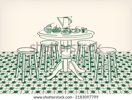 Nanyang Kopitiam Table and Chairs with Foods and Drinks Doodle