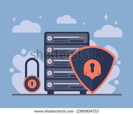 Server with data protection, big shield. This symbolizes the protection and security of data on the server. Vector illustration