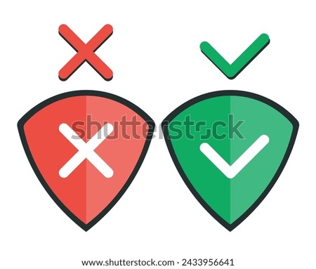 White cross and check mark on red and green shields. Cancel and accept icons. Right and wrong mark. Vector illustration