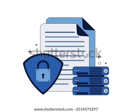 Server with data protection, big shield. This symbolizes the protection and security of data on the server. Vector illustration