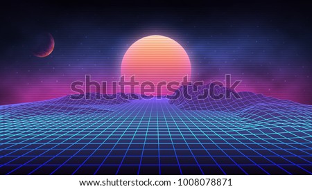 Futuristic retro landscape of the 80`s. Vector futuristic illustration of sun with mountains in retro style. Digital Retro Cyber Surface. Suitable for design in the style of the 1980`s. Сток-фото © 