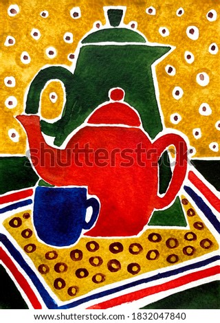 Still life illustration of drinking vessels. Hand drawn watercolr painting. Vertical picture for kitchen, cafe or restaurant interior