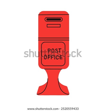 Bright red post office mailbox standing alone on a sidewalk in an urban area during daytime