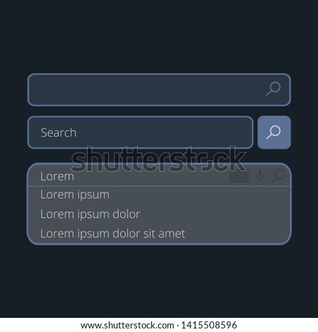 Search bars templates set with pop up list or search results. Web page for internet browser or web page with elements of search magnifier icon and frame field for text.