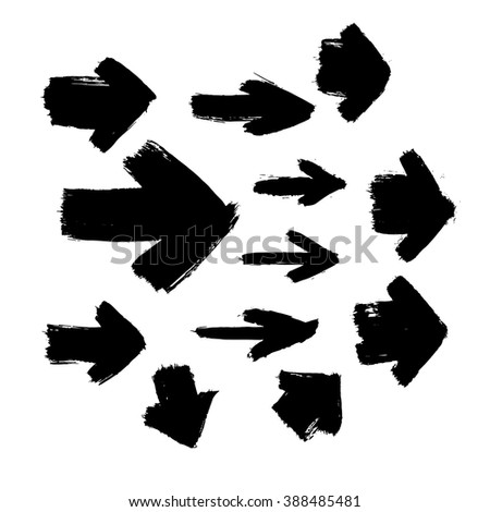 Set of 12 grunge black abstract textured vector arrows. Vector design grunge elements. Vector abstract arrows. Vintage vector shapes. Retro vector arrows.