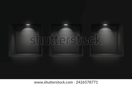 Three empty niches or shelves on a black wall with ice lamp lighting. Showcase, empty shelf for your product. Vector illustration.