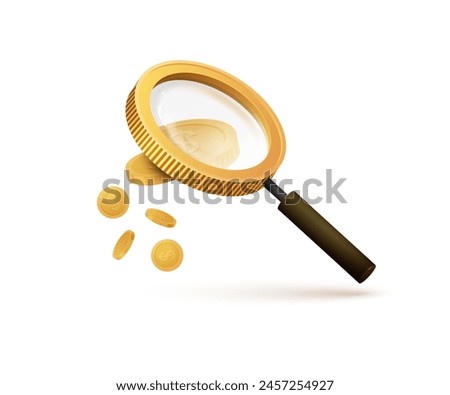 A golden magnifying glass in the form of a coin examines and magnifies money. Vector illustration.