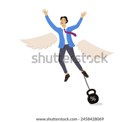 A man chained to a weight with interest. Vector illustration.