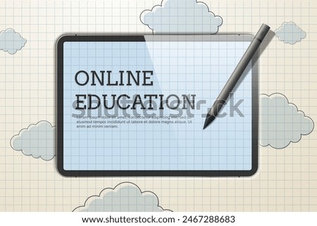 Online education concept. A tablet with a pen against the background of a checkered notebook. Vector illustration.