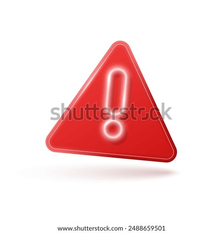 3d icon of red warning triangle sign with neon exclamation mark. Warning and danger notification symbol. Vector illustration.