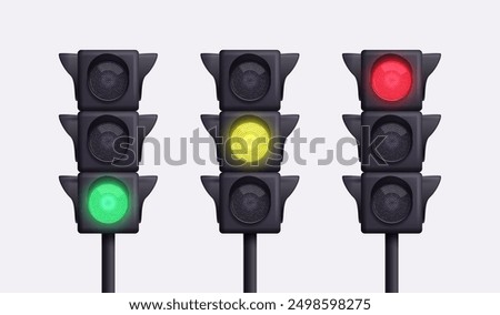 Set of realistic traffic lights in 3D style, isolated on a light background. Vector illustration.