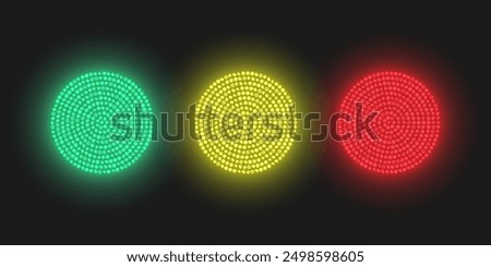 Bright glowing circles consisting of LEDs. Traffic lights of red, yellow and green colors. Vector illustration.