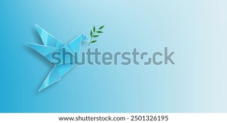 Peace and new bright hope. Glass dove flying over blue background holding olive branch. World Peace Day. Peace fragility concept. Vector illustration.