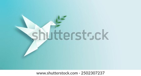 International Day of Peace. Flying dove with olive branch on light background. Vector illustration.