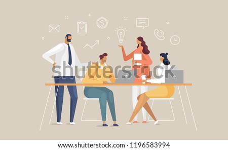 Business man and woman character with line icon. Young people brainstorming around the table. Teamwork in coworking space. Vector illustration in flat design style 