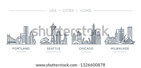 Set line icons of cities. The collection of the most famous and largest cities of United States of America. Vector illustration, flat design, white isolated. Portland, Seattle, Chicago, Milwaukee