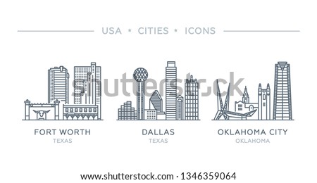 Set line icons of famous and largest cities of USA. Vector illustration, flat design. State of Texas and Oklahoma. Fort Worth, Dallas, Oklahoma City
