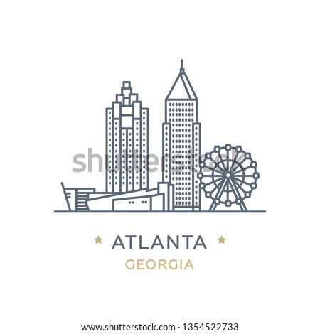 Vector illustration, white isolated. Line icon of famous and largest city of USA. City Atlanta, state of Georgia. Outline icon for web, mobile and infographics. Landmarks and famous building