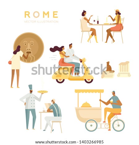 Set of tourists and locals in Rome. Roman holiday. Italians relax, have fun. A couple on a scooter, ice cream seller, Italian restaurant, Mouth of Truth. White background, isolated, flat style