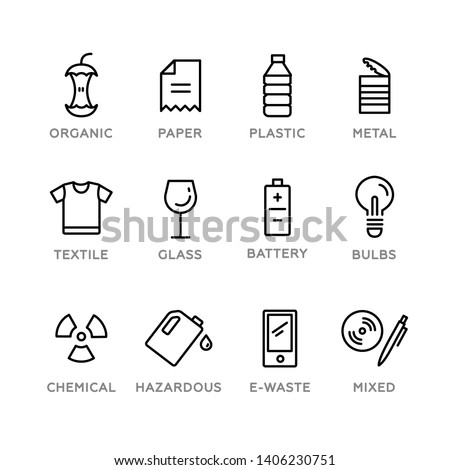 Set of recycling icons. Vector illustration, flat design, white isolated. Organic, paper, plastic, metal, textile, glass, battery, bulbs, chemical, hazardous, e-waste, mixed. 