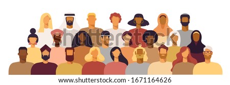 Group of people of different nationalities and cultures, skin colors and hairstyles. Society or population, social diversity. Cartoon characters. Vector illustration in flat design, isolated on white