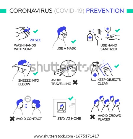 Prevention Coronavirus COVID-19. Simple set of vector line icons. Icons as wash hands, mask, sanitizer, sneeze into elbow, stay at home, avoid travel and crowd. White background, isolated. 