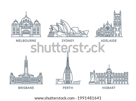 Set line icons of cities. The collection of the most famous and largest cities of Australia. Vector illustration, flat design, white isolated. Sydney, Melbourne, Perth, Brisbane, Adelaide, Hobart
