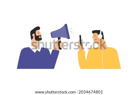 Two cartoon characters, side view. Difficulties in communication between people. The man shouts into the loudspeaker. A person with phone and headphones cannot hear. Vector illustration, flat design