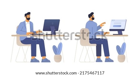 Vector illustration of a male character. Business man works at the computer in the office. Front and back view. Flat design, isolated on white background. 
