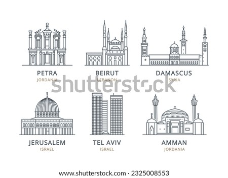 Сollection of Middle Eastern city icons with urban landmarks. Linear illustrations of modern city symbols by Amman, Petra, Damascus, Beirut, Jerusalem, Tel Aviv. Architectural vectors on white back