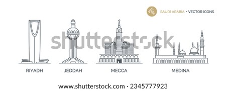 Сollection of SAUDI ARABIA cities icons with urban landmarks. Linear illustrations of modern city symbols by RIYADH, JEDDAH, MECCA, MEDINA. Vector on white background isolated.