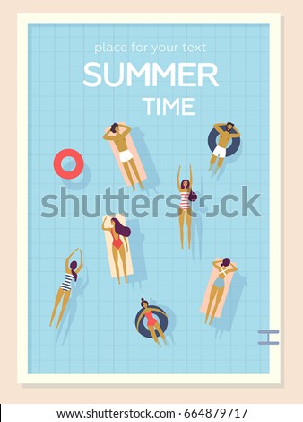 Top view, summertime, holidays poster. People swimming, relax, have a fun time in the pool. Vector cartoon illustration. Summer time poster. Flat design, trendy style. Young men and women