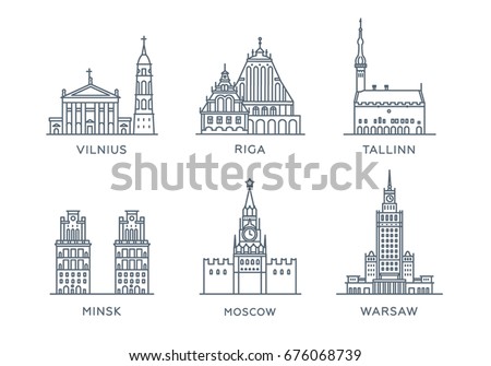 Set line icons of cities. Collection popular cities of Eastern Europe. Flat design, trendy style. Vector, white background isolated. Moscow, Minsk, Vilnius, Warsaw, Riga, Tallinn 