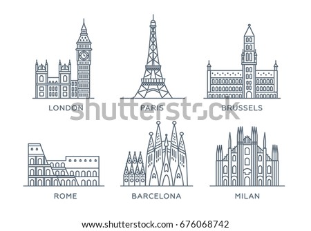 Set line icons of cities. The collection of the most famous and largest cities of Europe. Flat design, trendy style. Vector, white background isolated. Paris, London, Rome, Barcelona, Milan, Brussels 