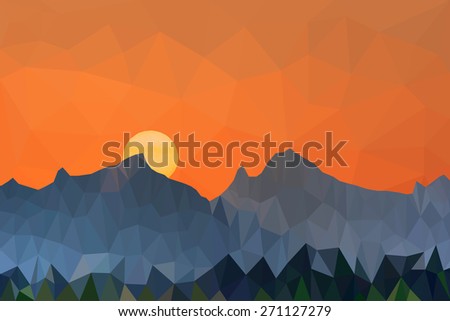 Low poly vector illustration of mountains and colorful sky landscape at sunset.