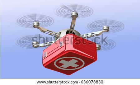 Drone Delivering First Aid Box. Technology in Medical Industry Concept Vector Illustration.
