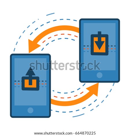 Transferring data from one mobile to other. Smartphone data sharing and transfer concept icon illustration isolated vector. Transparent.
