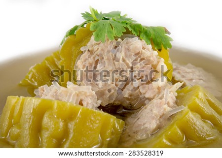 Thai bitter gourd with grounded pork soup for cuisine on white background