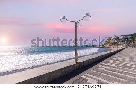 Famous Mazatlan sea promenade, El Malecon, with ocean lookouts, tourist beaches and scenic landscapes. It connects Old Mazatlan with Hotel Zone Zona Hotelera. Foto stock © 