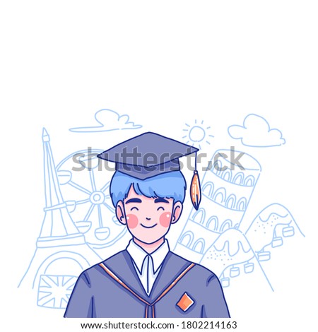 Student boy is graduating character design of vector. Learning English in London. Doodle illustration.