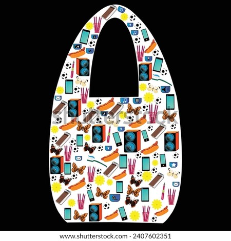 Shopping bag contour with many objects of daily use; concept vector with little icons  arranged in shopping bag shape; miscellaneous product icons set together in shopping bag shape contour