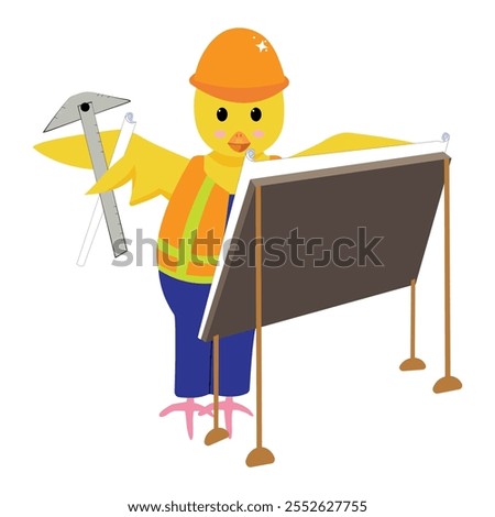 Chicken character dressed a builder with board and t-square; Can be used as logo, icon, sticker, label, clipart