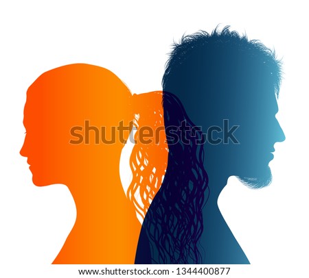 Divorce concept. End of the wedding. Separation between groom and bride. Divorced man and woman. Isolated couple colored silhouette