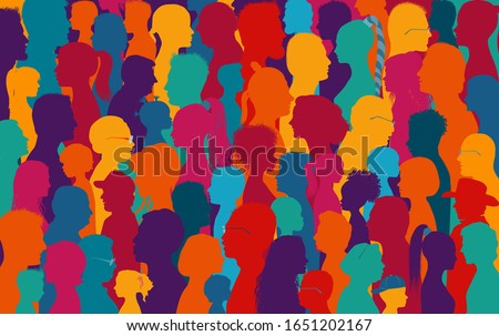 Crowd talking.Dialogue and communication between group of diverse multiethnic and multicultural people.Silhouette of colored profile. Population.Sharing ideas and thoughts.Community